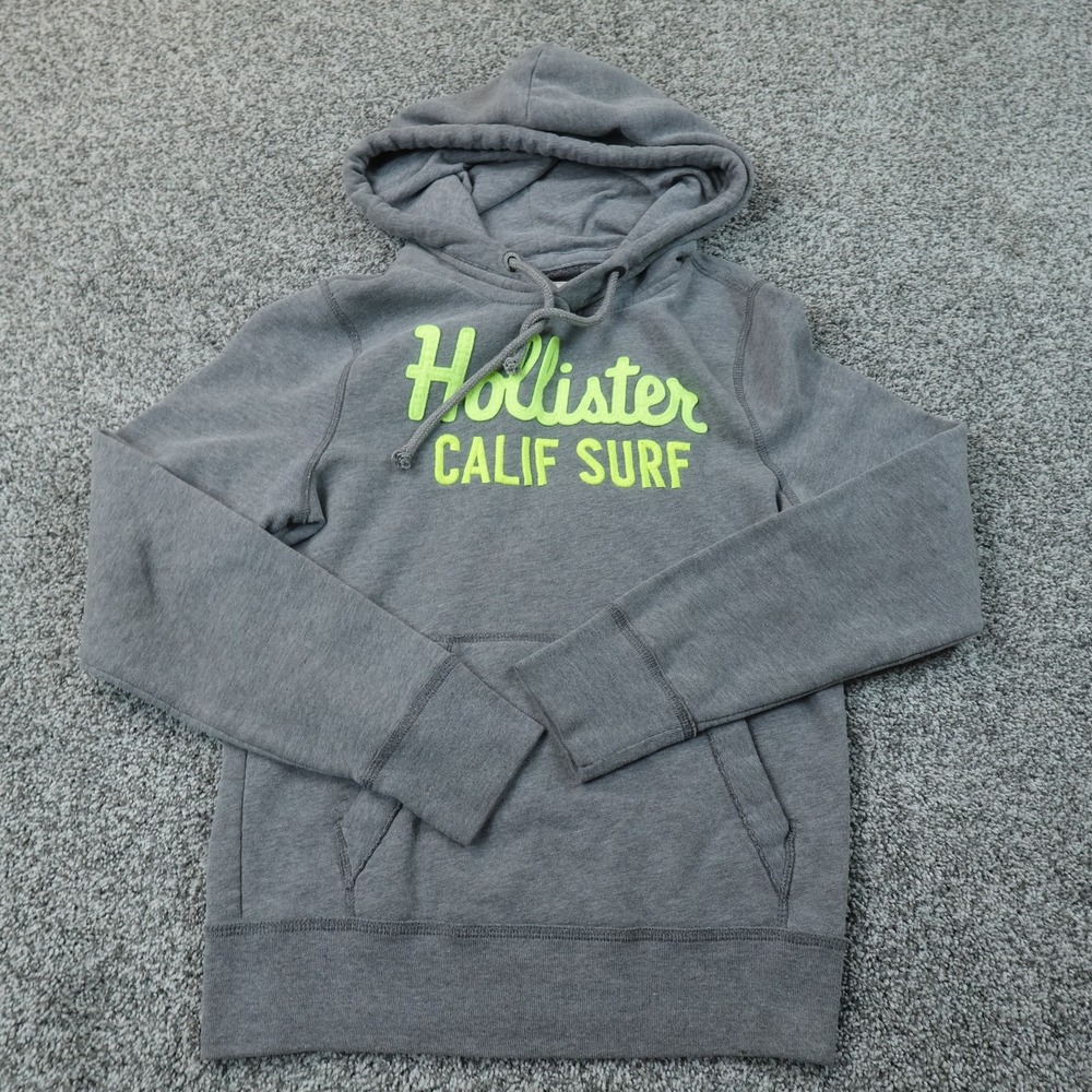 VTG Hollister Hoodie Womens S Gray Surf Logo Fleece Pullover Sweatshirt Y2K 00s